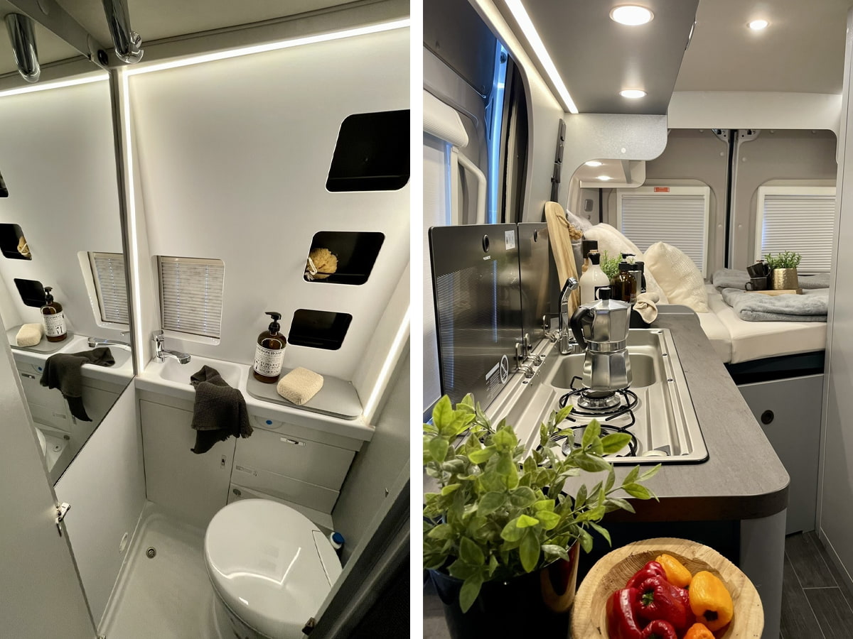 Innenbereich vom Camper mit Badezimmer und Kochbereich.